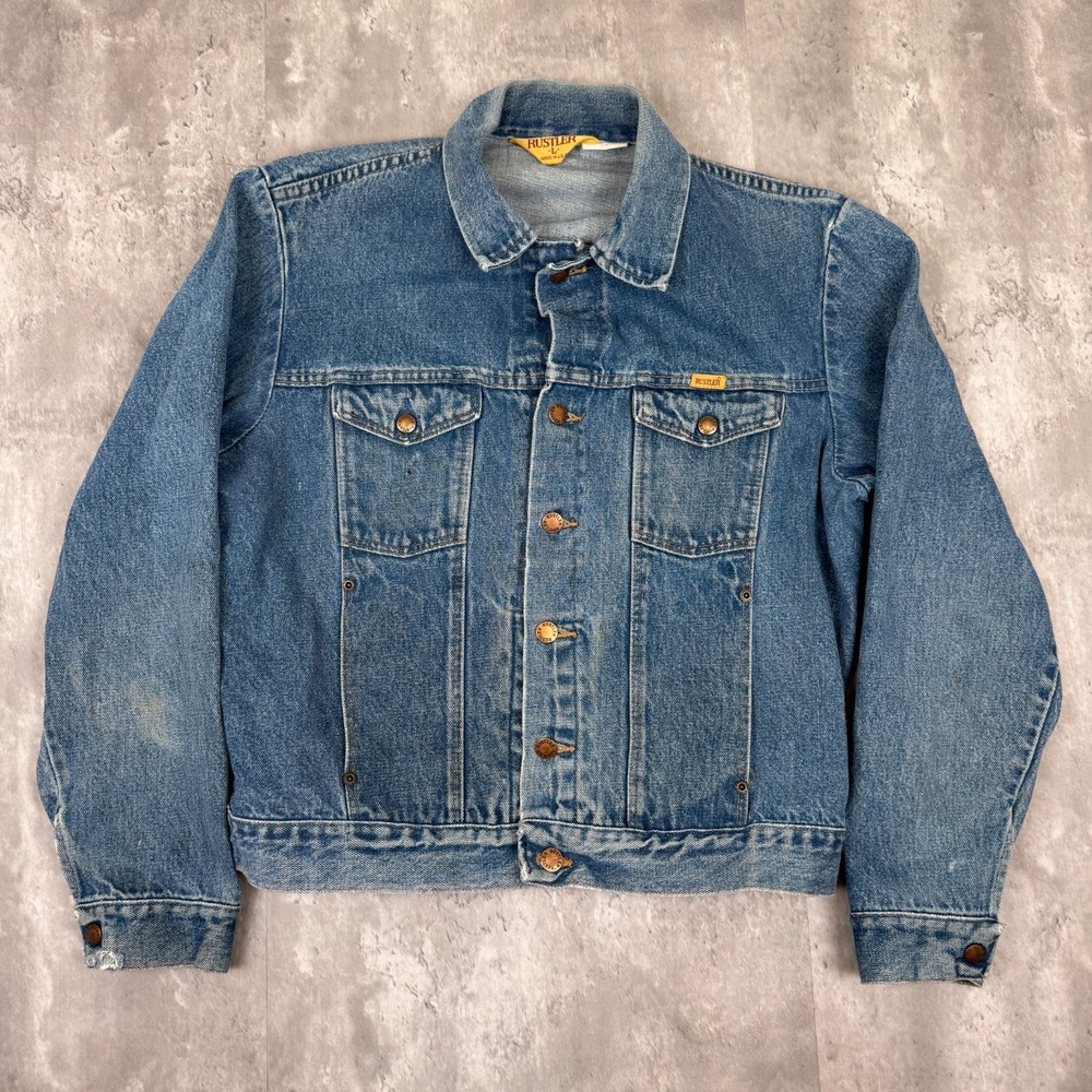 Vintage‎ Rustler Denim Jacket Mens Large True American Blue Faded Western Type 2